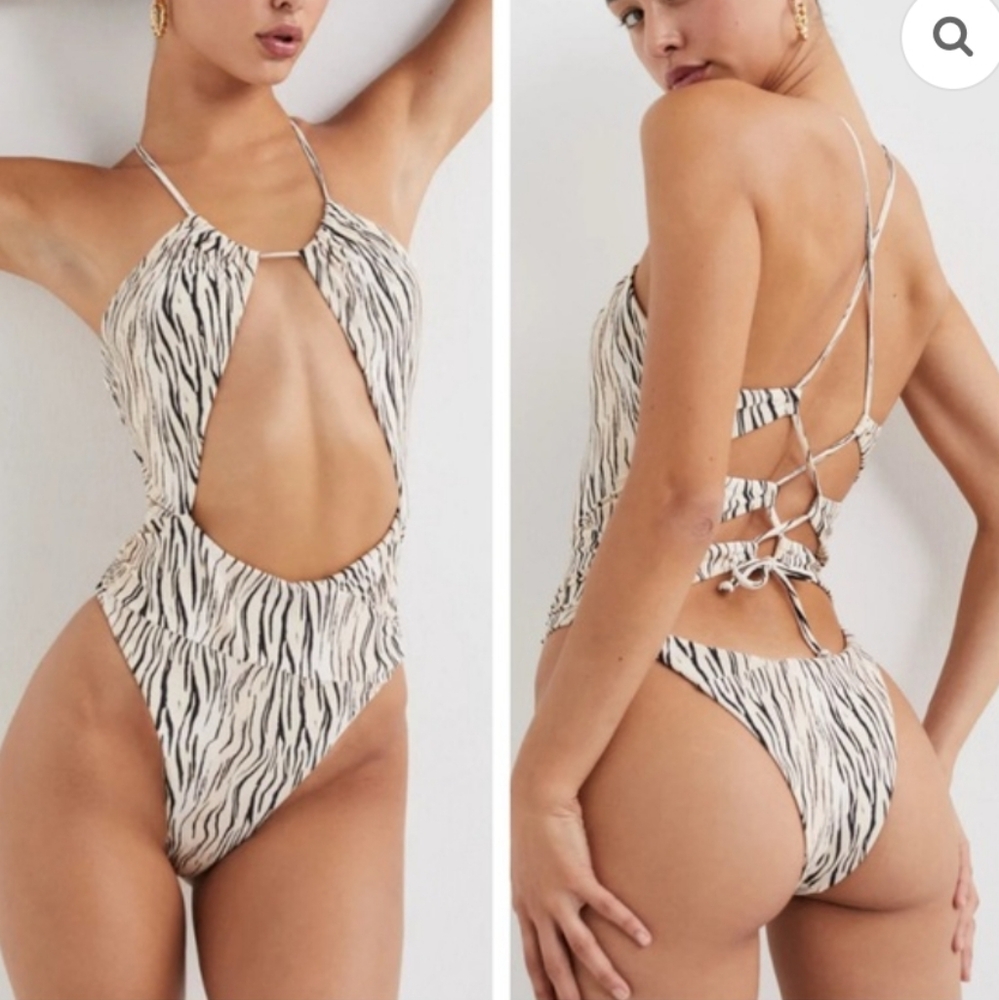 For Love And Lemons Beige and Black Zebra Print Swimsuit